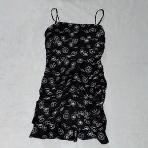 Lush Black Floral Print Ruched Bodycon Mini Dress Party Cocktail Sz S Zip‎